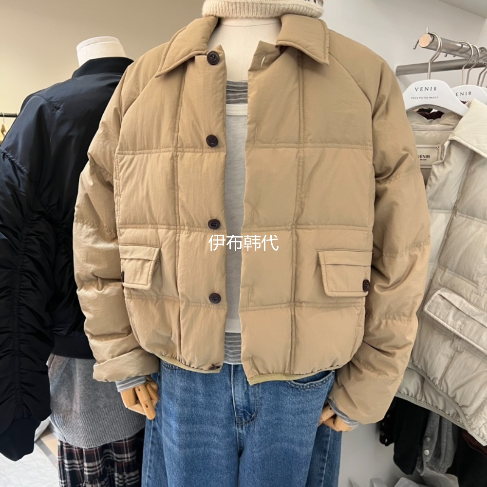 翻领纯色方块宽松休闲羽绒服外套