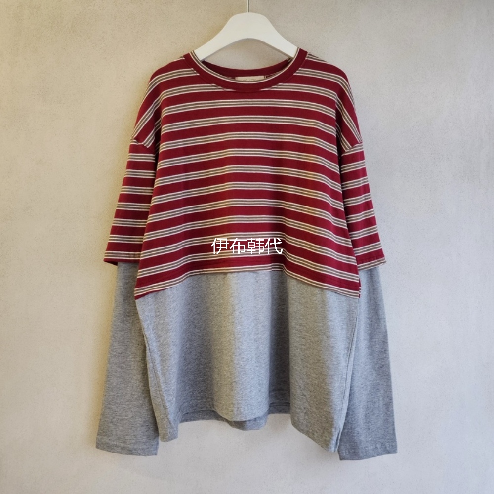 圆领棉质层叠假两件宽松长袖T恤