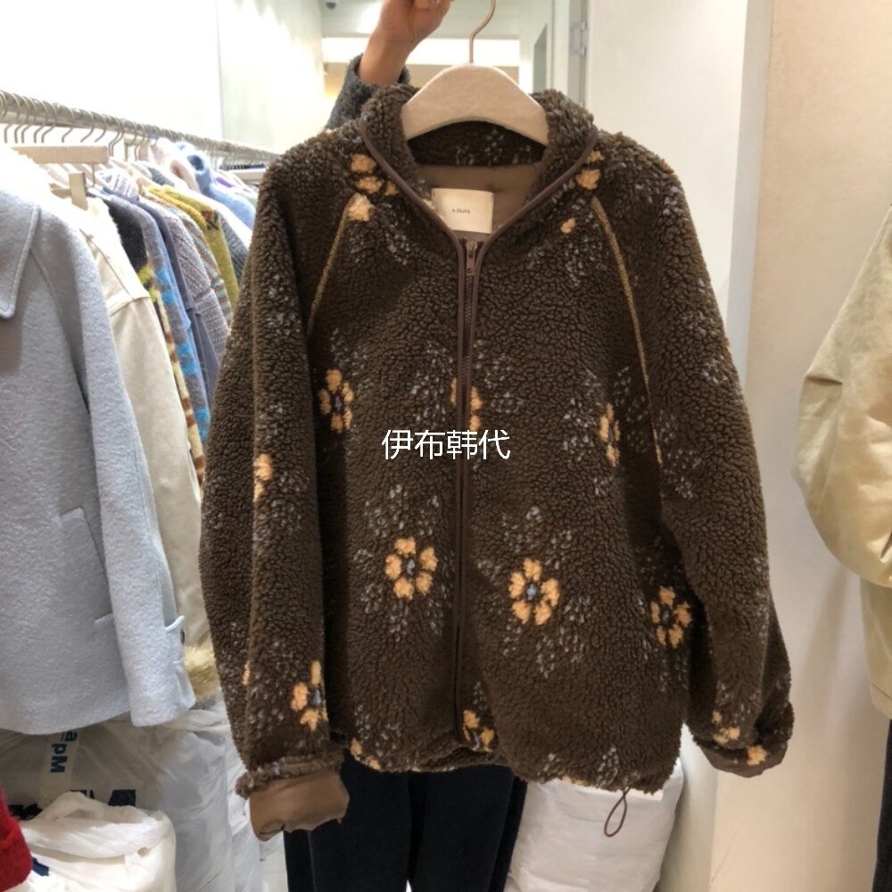 翻领拉链抽绳碎花插肩仿羊羔外套