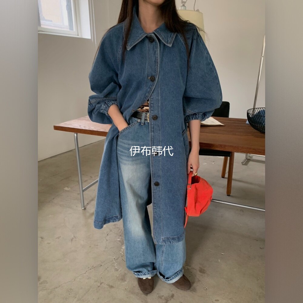 伊布 韩国东大门正品代购26春 连帽可拆宽松长款牛仔外套风衣大衣