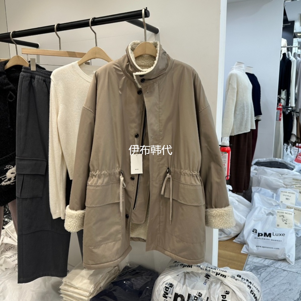 IRVINE韩国东大门正品代购25冬款 立领棉绒内里抽绳中长棉服外套