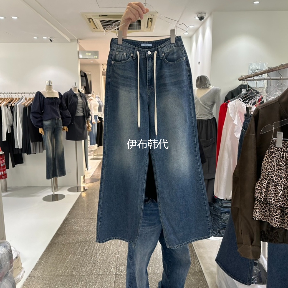 BAIE.38韩国东大门正品代购冬款 磨白做旧抽绳休闲直筒牛仔裤女