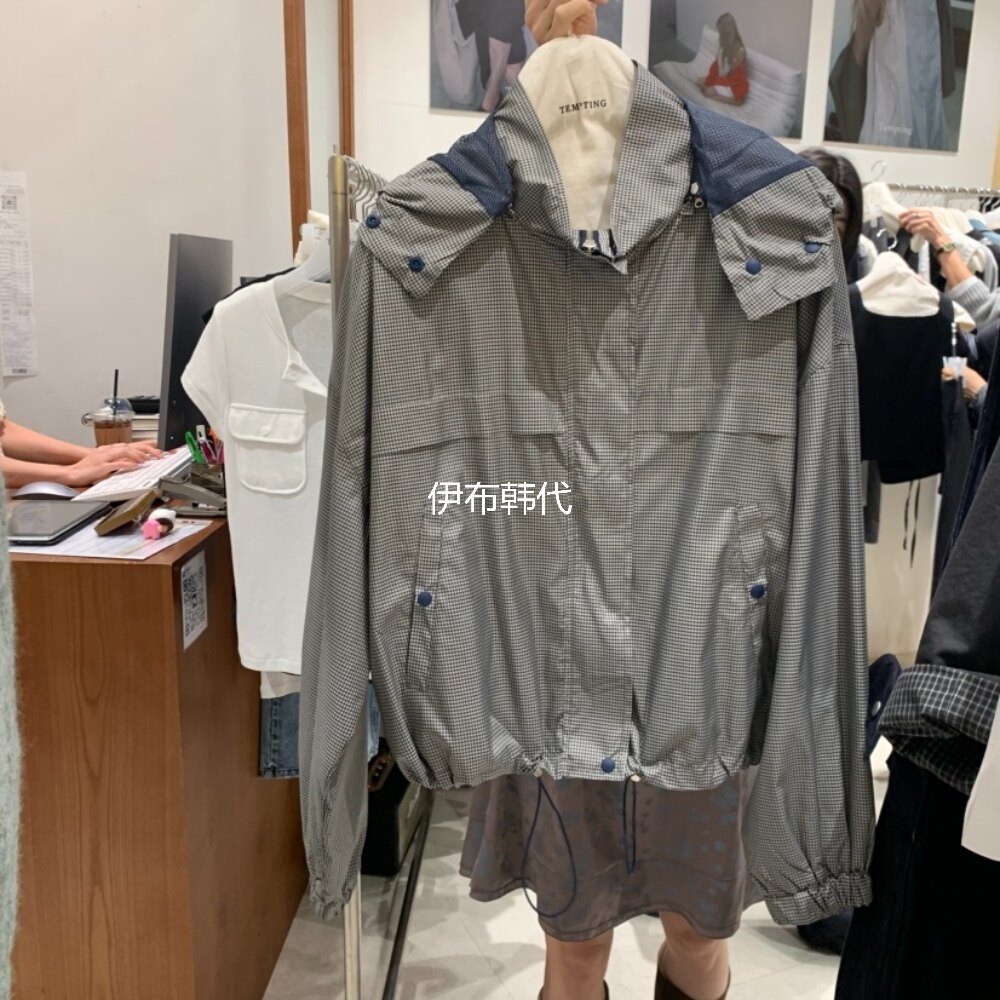 TEMPTING韩国东大门正品代购26春 连帽格子薄款休闲拉链夹克外套