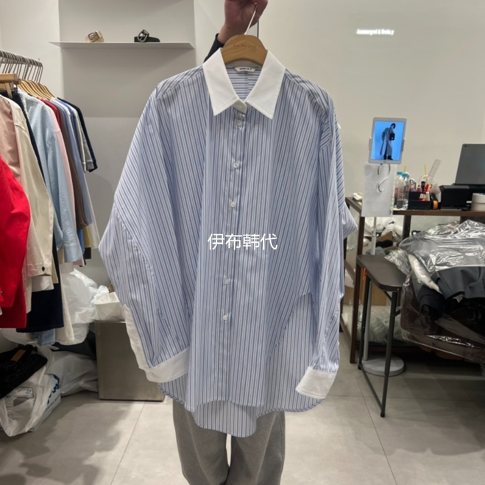 伊布 韩国东大门正品代购26春款 翻领休闲竖条纹宽松弧形边衬衫,女装/女士精品,衬衫,淘宝优惠券,粉丝福利购,淘宝优惠卷