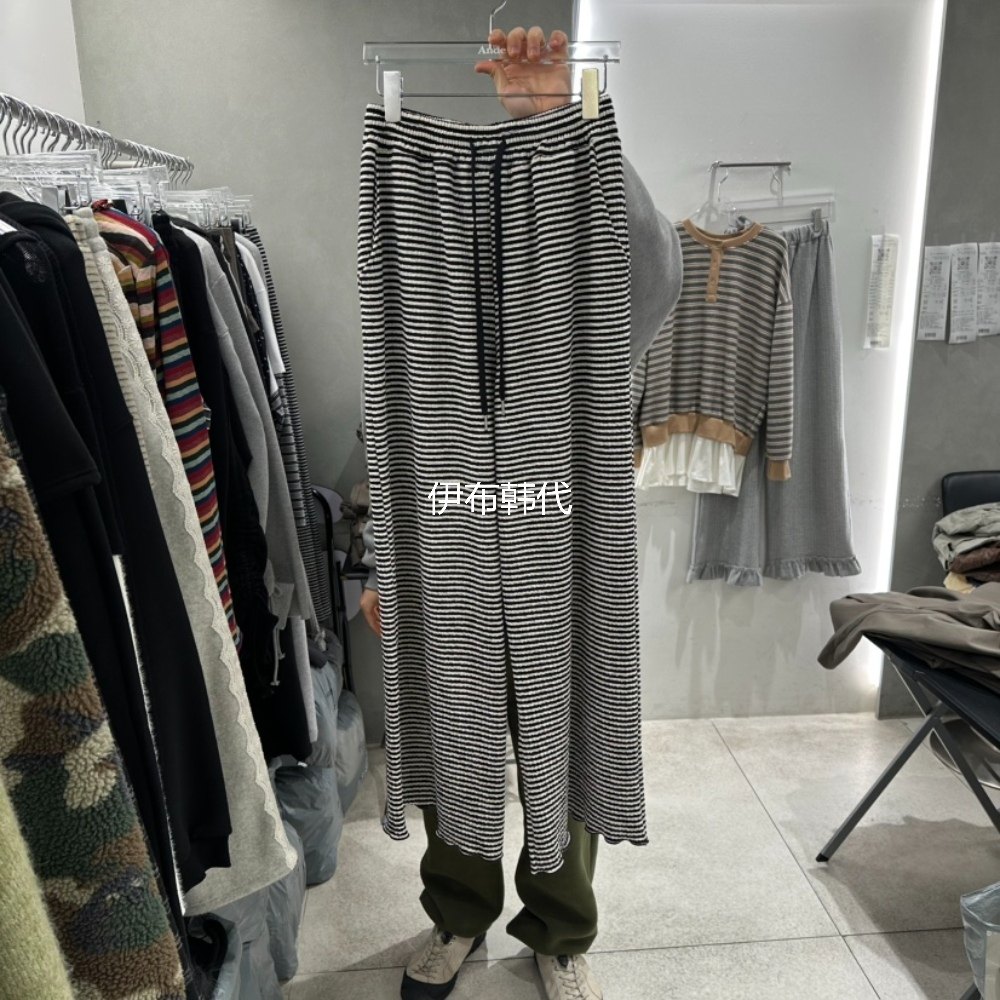ANDE韩国东大门正品代购26春款 松紧腰抽绳细条纹木耳边直筒裤,女装/女士精品,休闲裤,淘宝优惠券,粉丝福利购,淘宝优惠卷