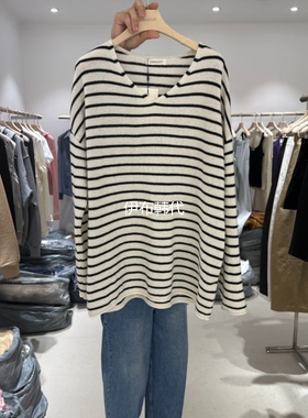 CONNAUGHT韩国东大门正品代购26春款 V领黑白条纹宽松长袖T恤