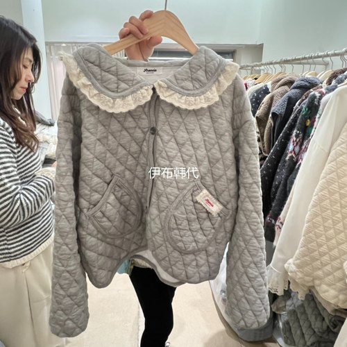 翻领飞边花边菱形夹棉短外套开衫