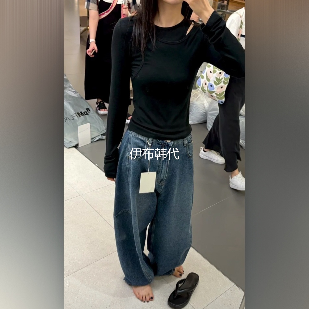 磨白休闲褶皱弯刀裤弧线牛仔裤
