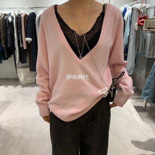 V领纯色基础款宽松毛衣针织衫