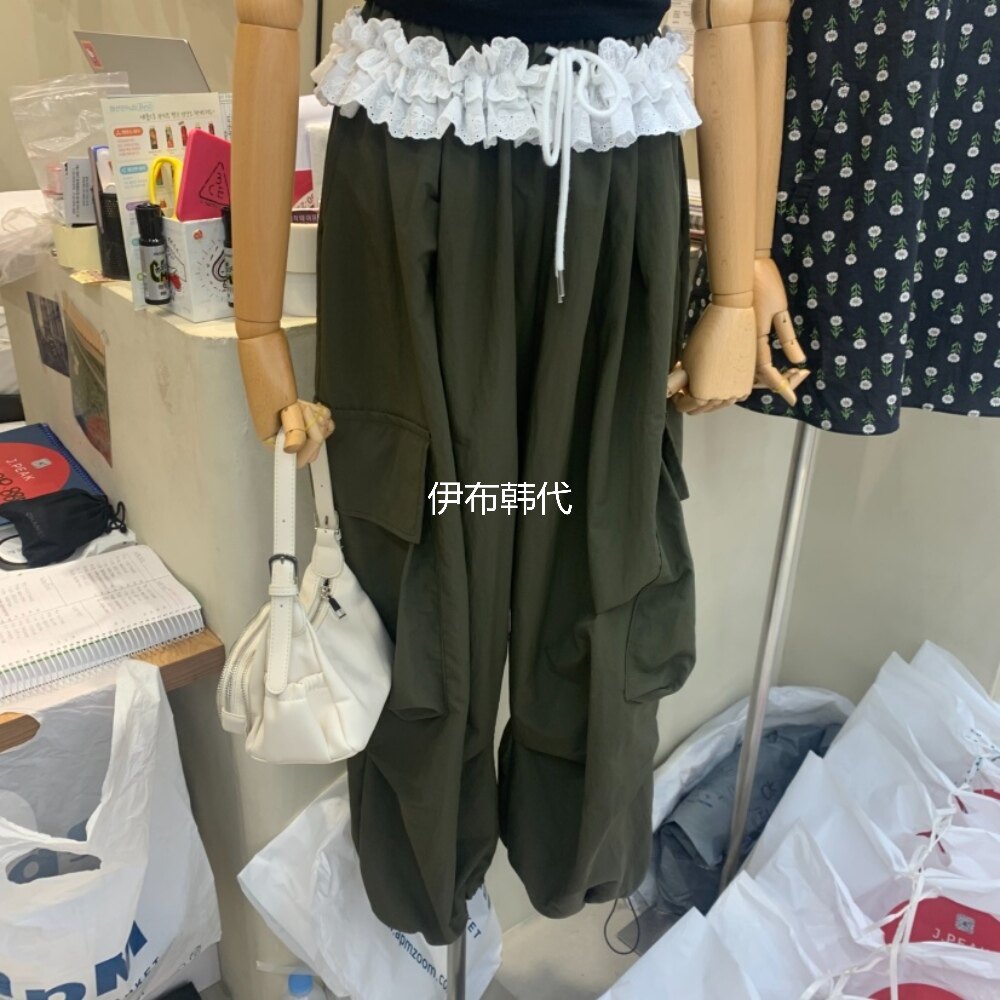 J PEAK/BY FLOW韩国东大门代购新款 木耳边花边腰工装裤抽绳长裤