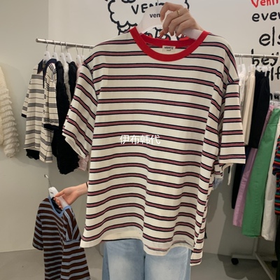 圆领休闲彩色条纹宽松短袖T恤