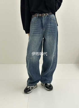 JUNI 韩国东大门正品代购冬款 磨白做旧休闲加绒加厚直筒裤牛仔裤