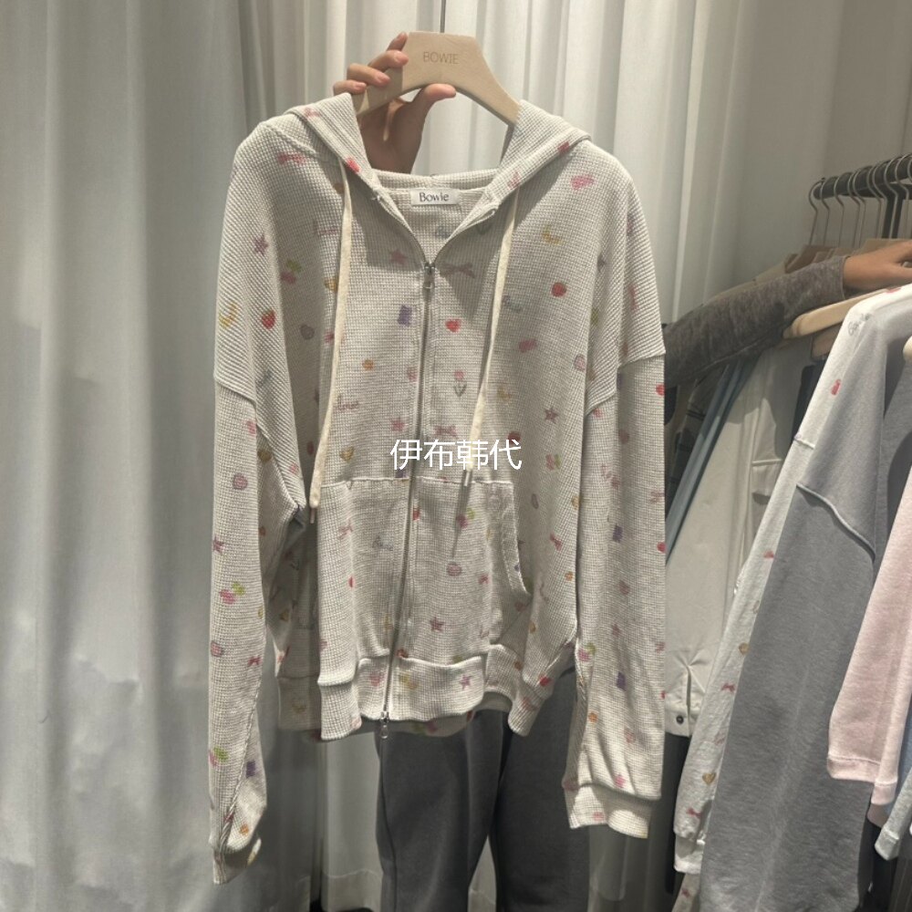 BOWIE韩国东大门代购26春款 连帽抽绳华夫格拉链爱心星星卫衣外套