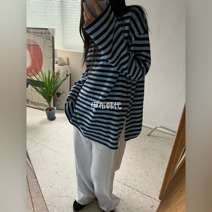 BRICK韩国东大门正品代购26春款 圆领休闲条纹宽松开叉中长T恤女