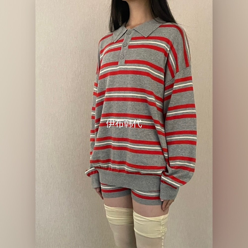 伊布 韩国东大门正品代购26春款 翻领纽扣休闲条纹宽松长袖针织衫,女装/女士精品,毛针织衫,淘宝优惠券,粉丝福利购,淘宝优惠卷