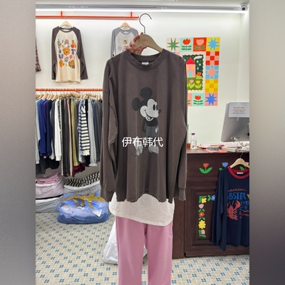 卡通磨破做旧老鼠宽松长袖T恤