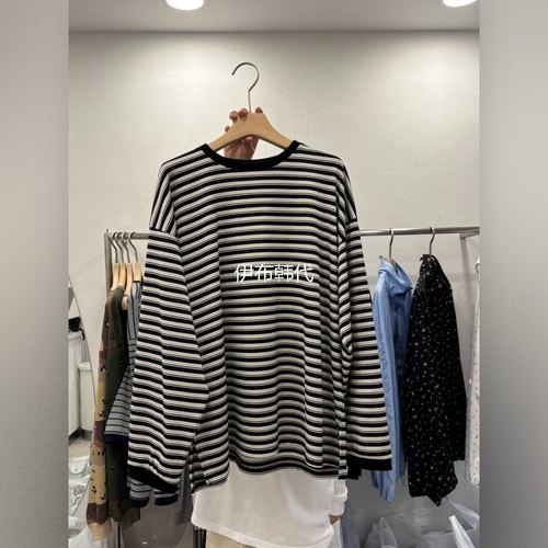 圆领棉质休闲条纹宽松长袖T恤