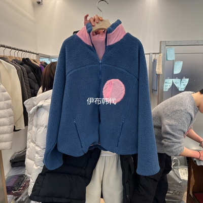 立领圆圈拼色仿羊羔毛绒保暖外套