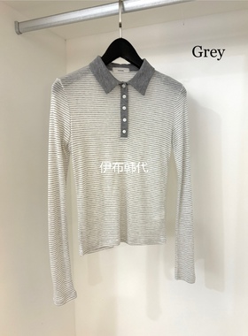 NORMAL韩国东大门正品代购25秋款 翻领休闲条纹纽扣修身薄款T恤