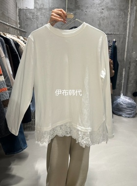 JUNI韩国东大门正品代购26春季新款 圆领白色蕾丝飞边花边打底T恤