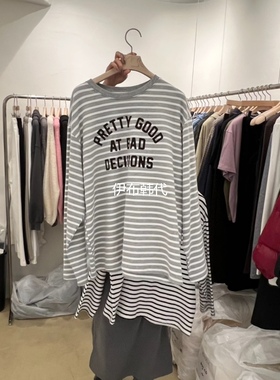 MUNSELL韩国东大门正品代购25冬款 圆领休闲条纹字母宽松长袖T恤