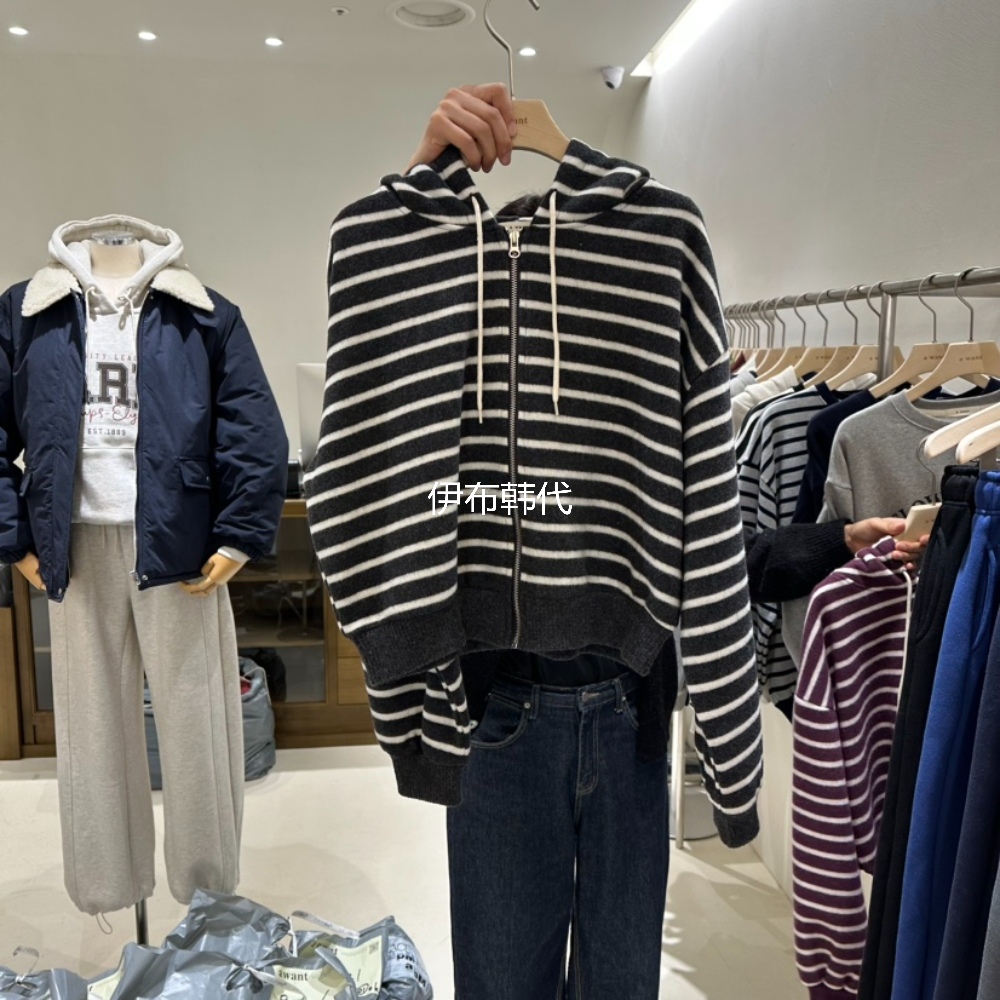 连帽拉链条纹卫衣开衫外套女