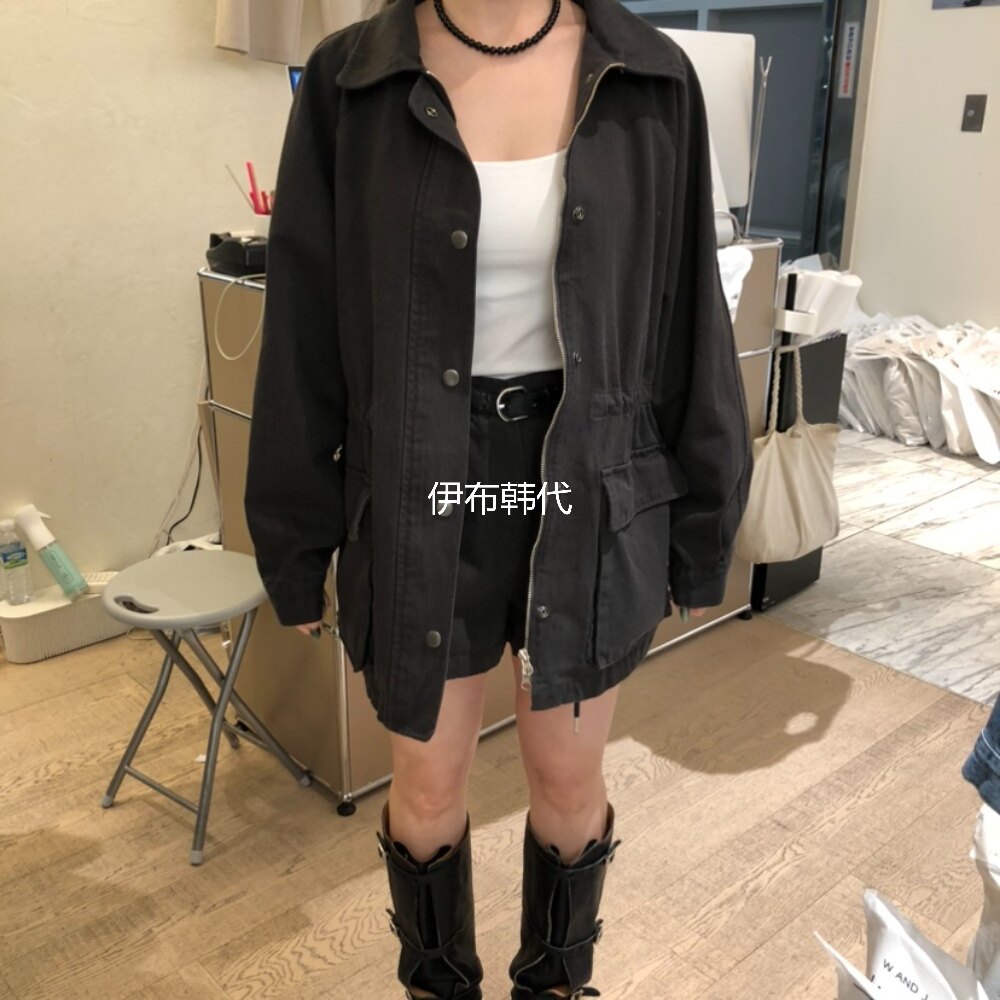 W AND J韩国东大门正品代购26春款 翻领水洗做旧休闲抽绳风衣外套