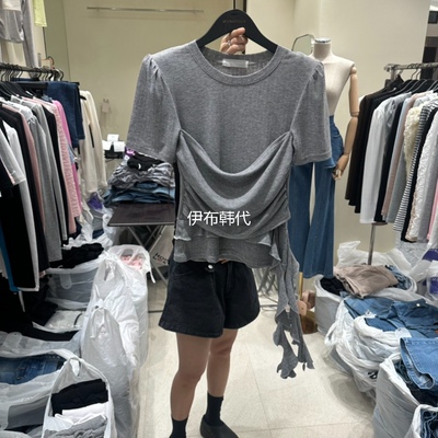 夏款垫肩不规则假两件修身T恤