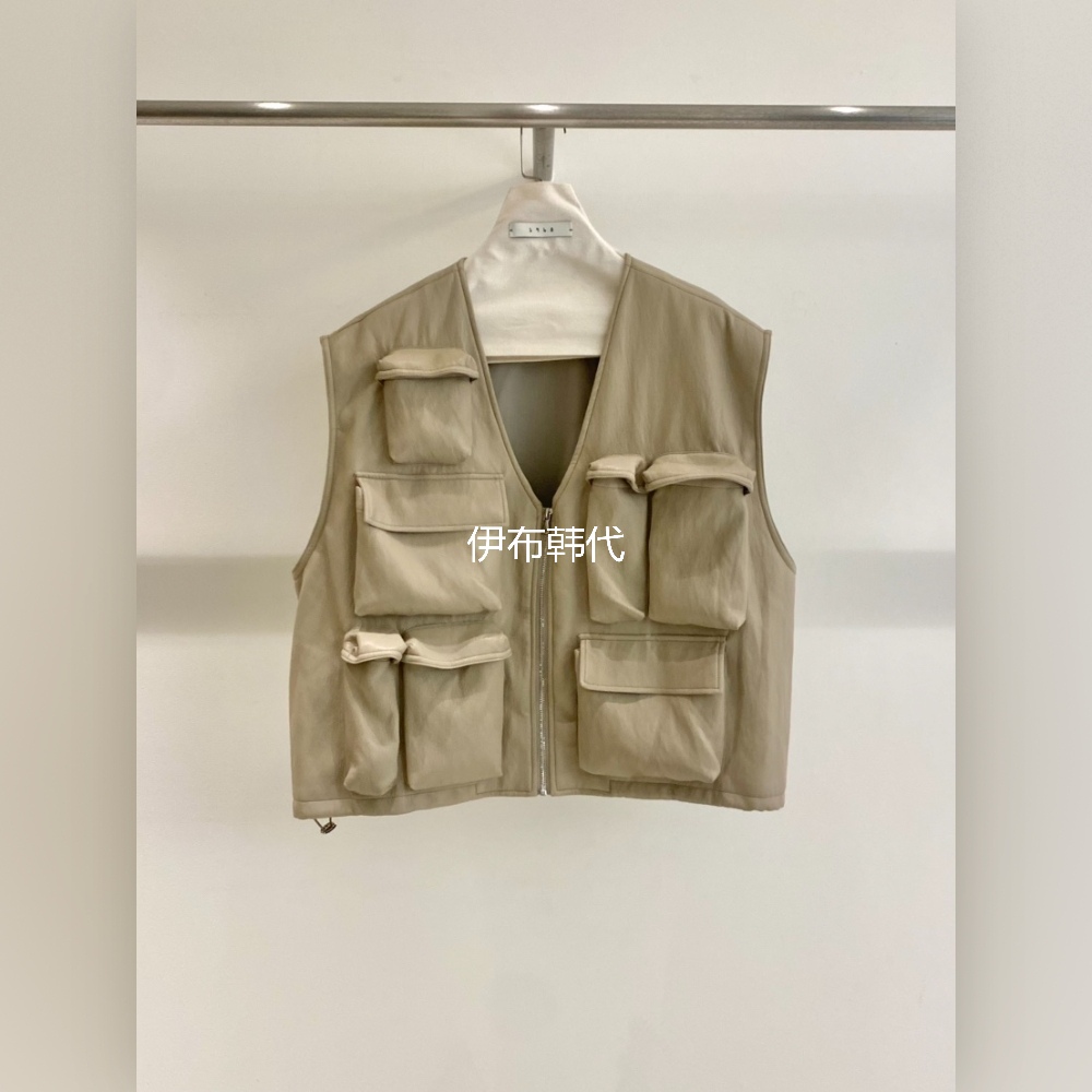 拉链抽绳多口袋工装PU皮马夹坎肩