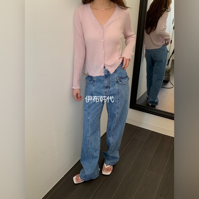 休闲裤线口袋直筒裤牛仔裤女
