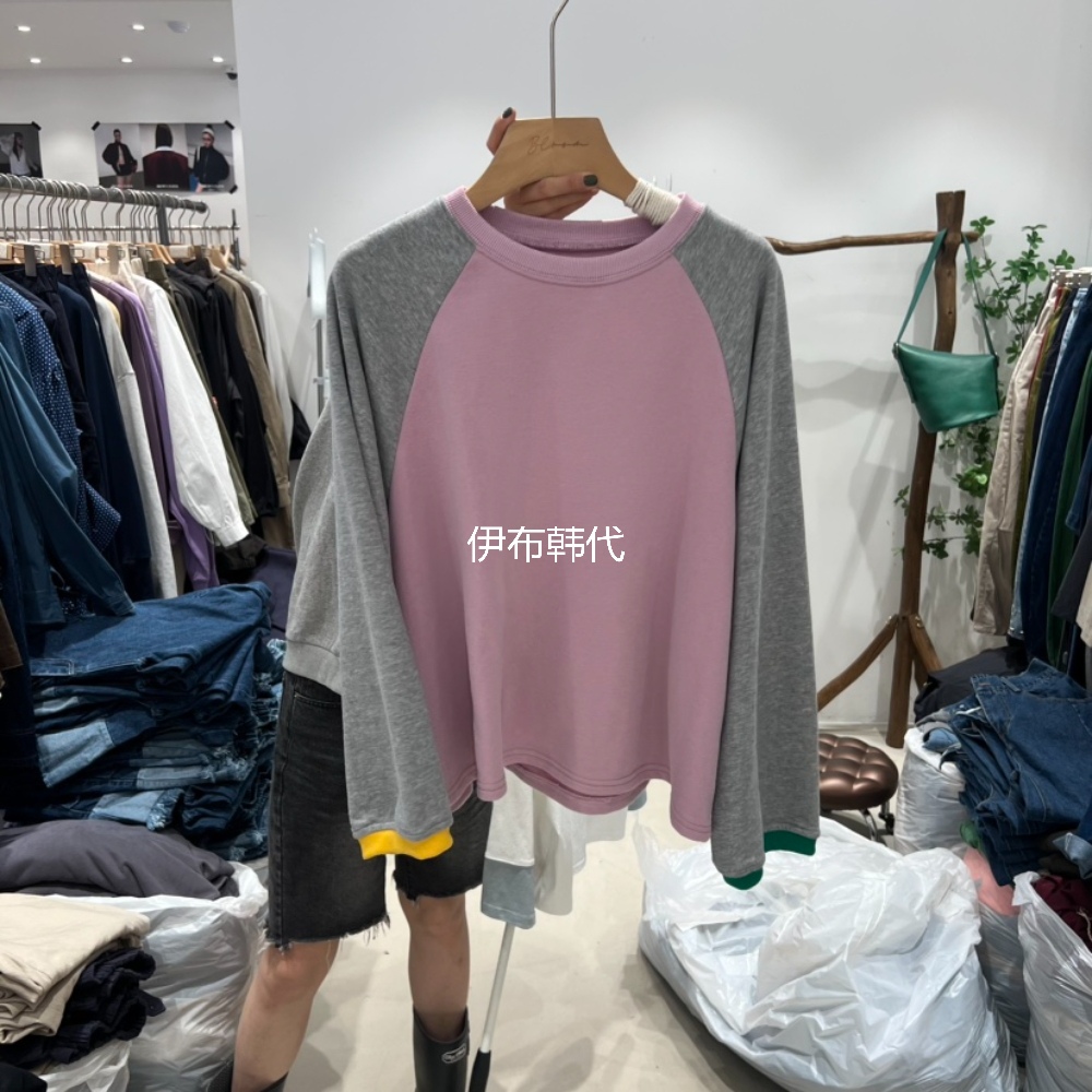 圆领休闲插肩拼色宽松长袖T恤