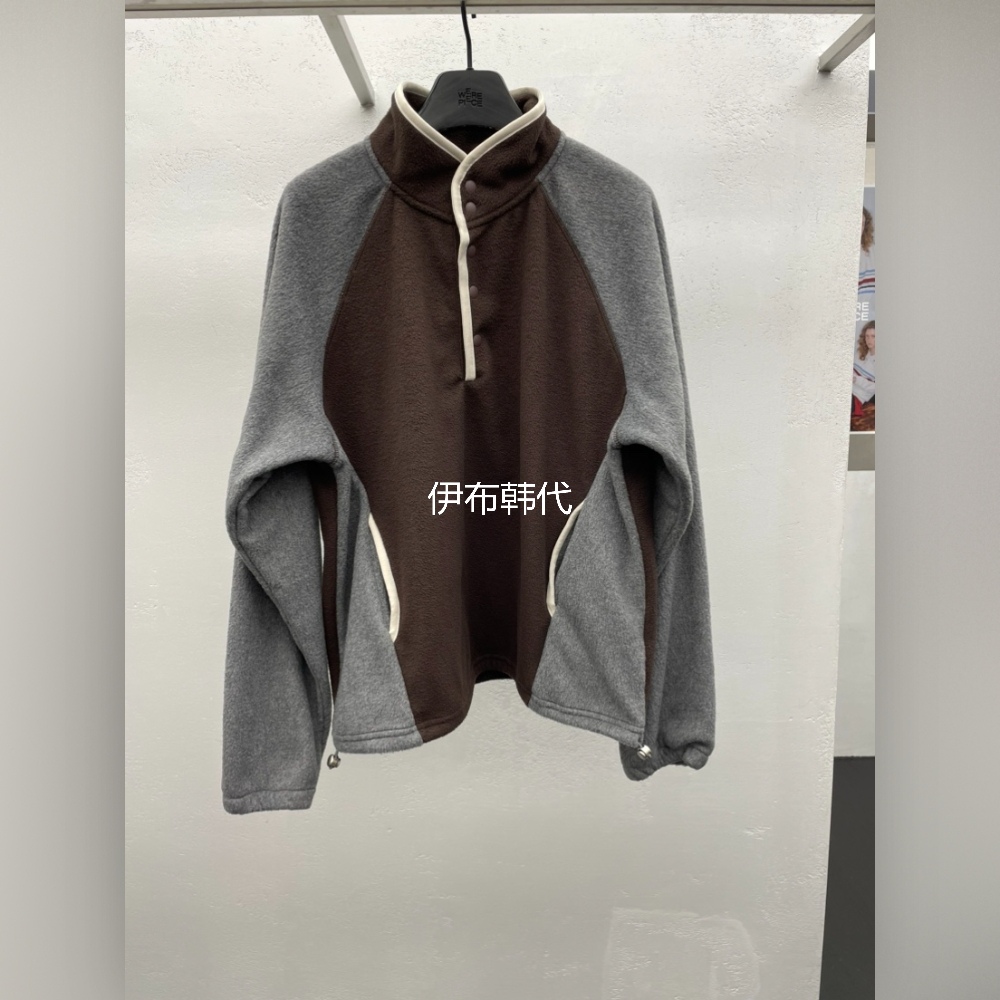 立领仿羊羔毛绒拼色拉链卫衣