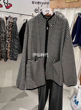 VENTI韩国东大门正品代购25冬款 立领简约条纹宽松长袖开衫外套
