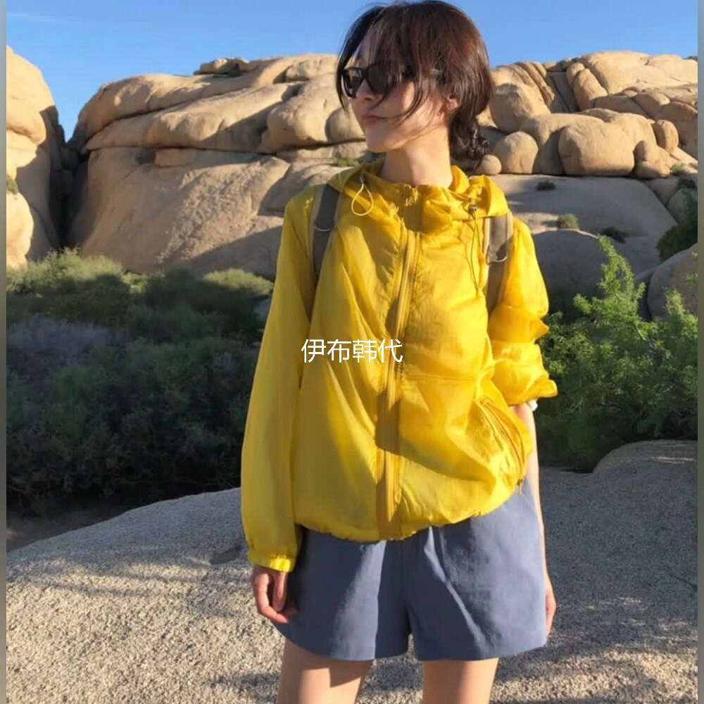 伊布 韩国东大门正品代购26夏款 纯色连帽抽绳黄色拉链防晒衫外套