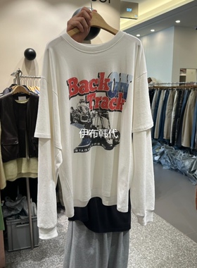 SOF韩国东大门正品代购25秋款 圆领棉质做旧字母宽松假两件T恤女