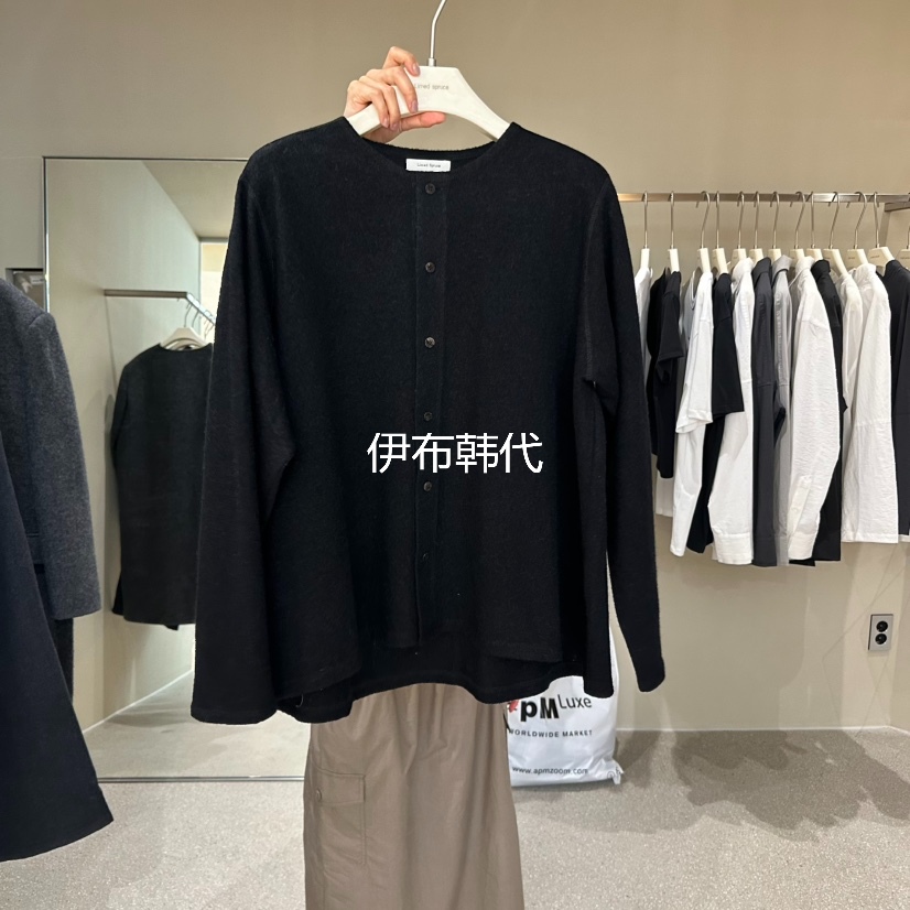 LIMEDSPRUCE韩国东大门代购25秋款 圆领纯色黑色宽松针织开衫外套