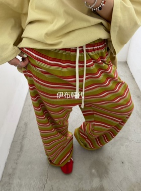 VOTUS韩国东大门正品代购26春 松紧腰彩色条纹棉质宽松直筒裤长裤