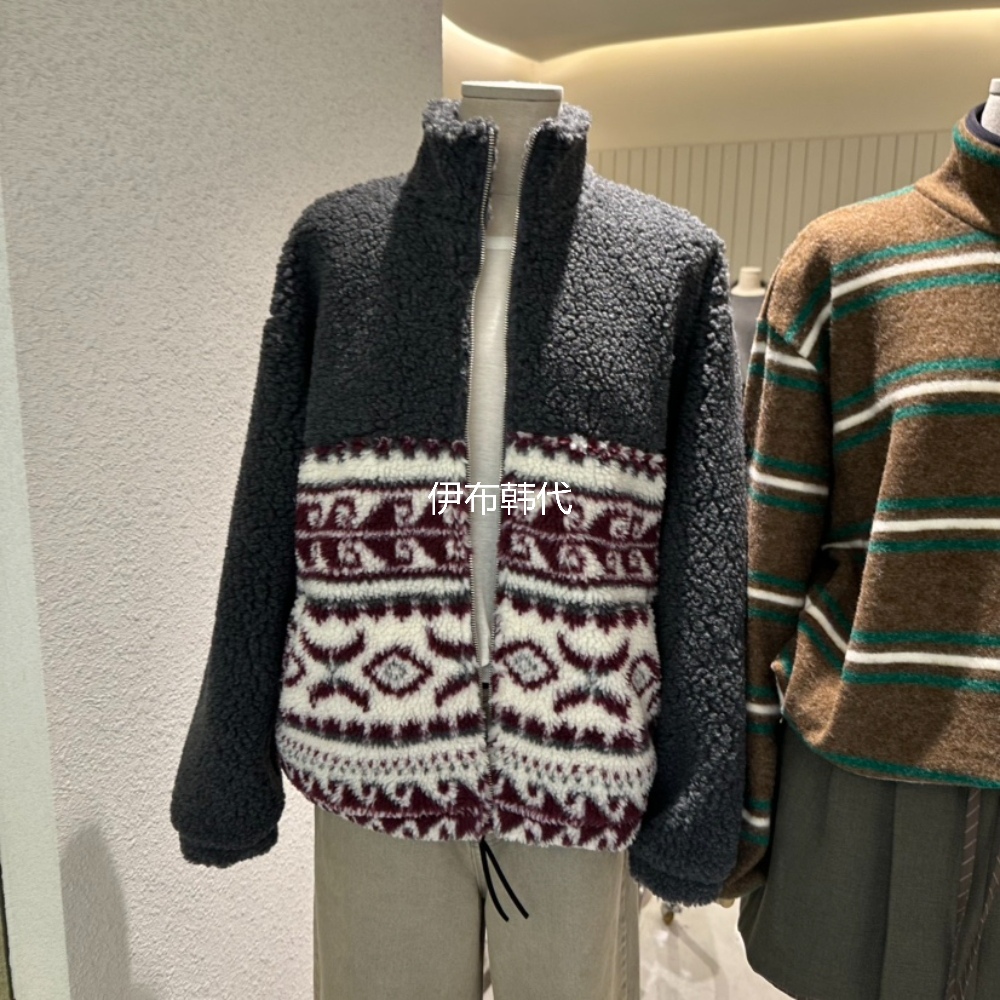 立领拉链复古花纹仿羊羔毛绒外套