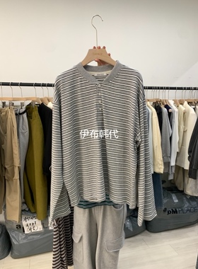 CEDARWOOD韩国东大门正品代购25冬款 圆领休闲纽扣条纹长袖T恤女