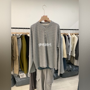圆领休闲纽扣条纹长袖 25冬款 T恤女 代购 CEDARWOOD韩国东大门正品