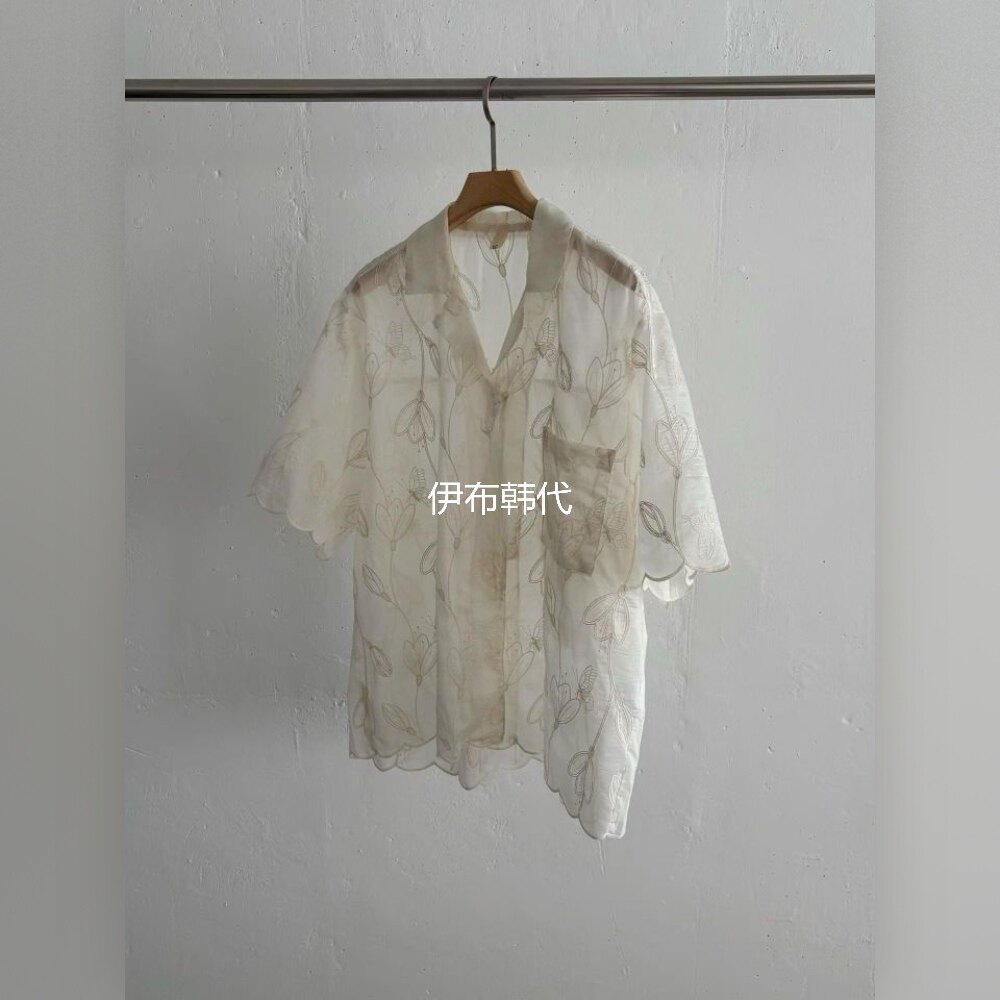 THE LINE韩国东大门正品代购26夏 翻领休闲透明花朵短袖时尚衬衫