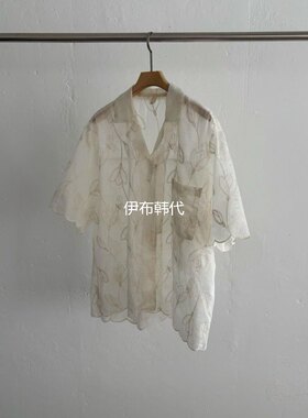 翻领休闲透明花朵短袖时尚衬衫