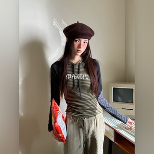 GISELE韩国东大门正品代购冬款 插肩休闲修身条纹打底衫T恤女