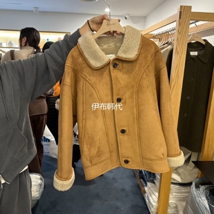 ROUNDER韩国东大门正品代购25冬 翻领仿皮毛一体羊羔毛翻毛短外套