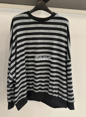 CREDITO韩国东大门正品代购26春季 圆领休闲细条纹宽松长袖T恤女