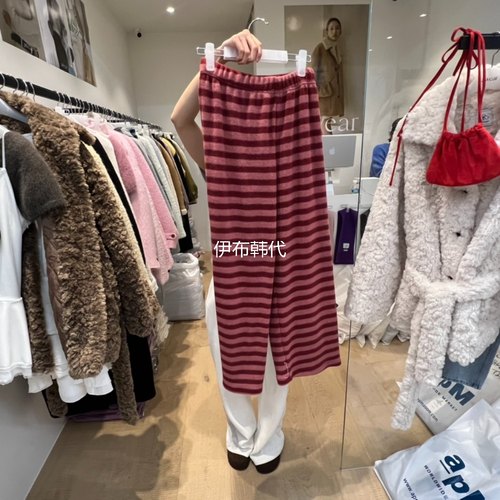 冬款松紧腰彩色条纹宽松直筒裤