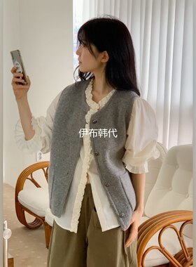 圆领休闲后背菱形格针织马夹坎肩