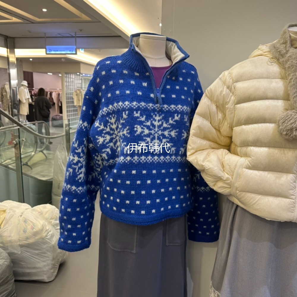 立领拉链雪花加绒内里针织衫毛衣