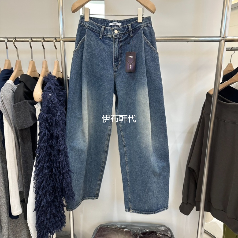 磨白做旧褶皱加绒休闲牛仔裤