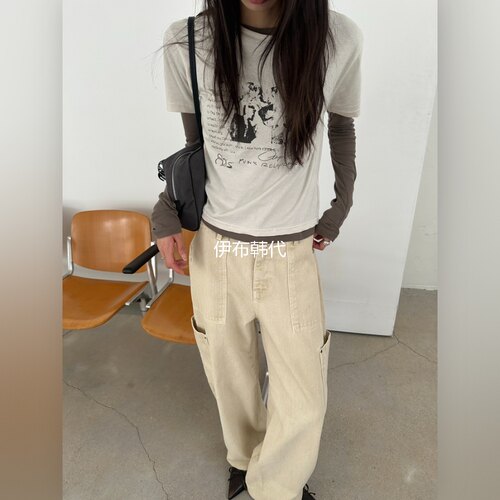 多口袋休闲直筒裤百搭长裤女